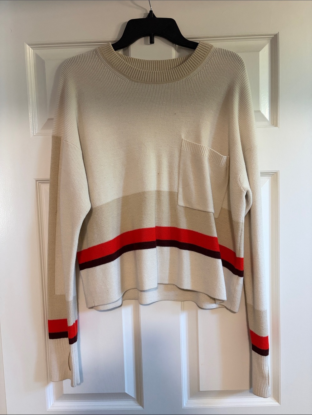 Athleta Cream Stripe Crewneck Sweater with Red Accent